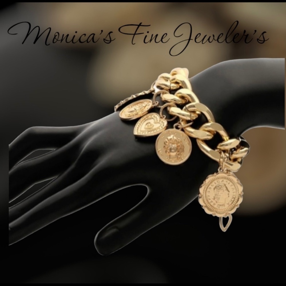 Chunky charm 18k gold pendant pennant chain bracelet portrait carv coin titanium - Picture 7 of 12